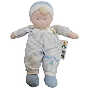 Eden Baby Boy Soft Plush Doll Rattle Blue & White Striped Outfit 2004 7" Nwt